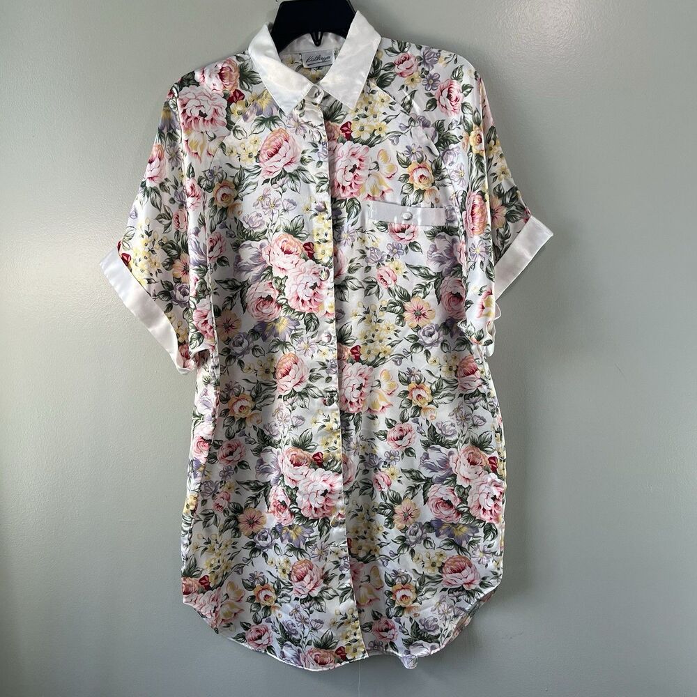 Kathryn Floral Satin Button Front Lined Sleep shirt Night gown, size‎ est L